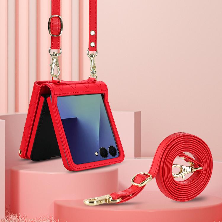 For Samsung Galaxy Z Flip7 5G Rhombic Texture Card Bag PU Phone Case with Long Lanyard