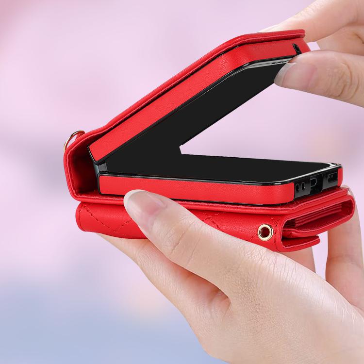 For Samsung Galaxy Z Flip7 5G Rhombic Texture Card Bag PU Phone Case with Long Lanyard