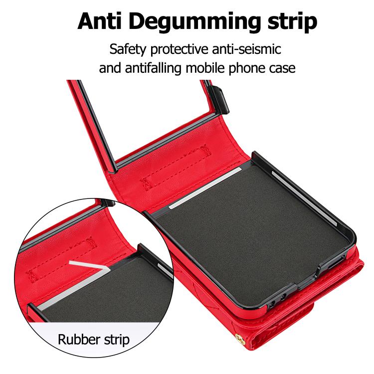 For Samsung Galaxy Z Flip7 5G Rhombic Texture Card Bag PU Phone Case with Long Lanyard