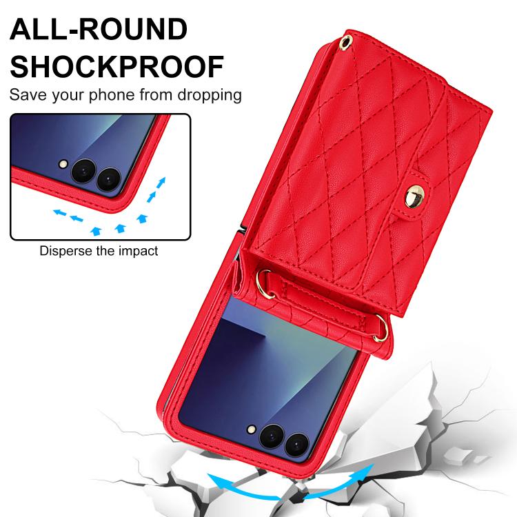 For Samsung Galaxy Z Flip7 5G Rhombic Texture Card Bag PU Phone Case with Long Lanyard