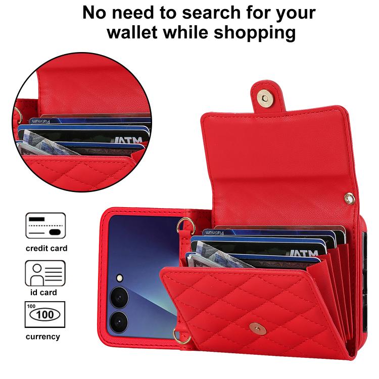 For Samsung Galaxy Z Flip7 5G Rhombic Texture Card Bag PU Phone Case with Long Lanyard