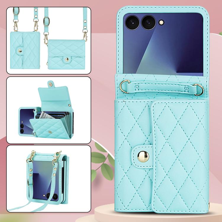 For Samsung Galaxy Z Flip7 5G Rhombic Texture Card Bag PU Phone Case with Long Lanyard