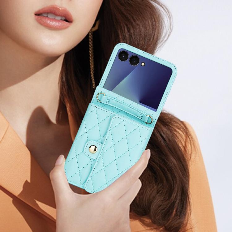 For Samsung Galaxy Z Flip7 5G Rhombic Texture Card Bag PU Phone Case with Long Lanyard