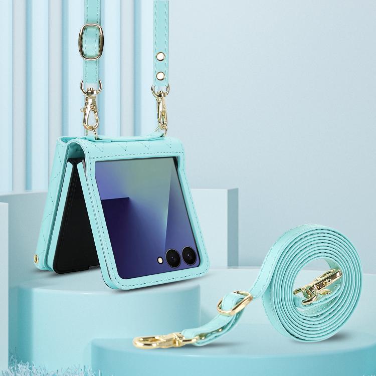 For Samsung Galaxy Z Flip7 5G Rhombic Texture Card Bag PU Phone Case with Long Lanyard