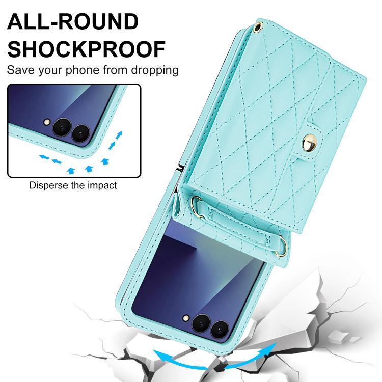 For Samsung Galaxy Z Flip7 5G Rhombic Texture Card Bag PU Phone Case with Long Lanyard