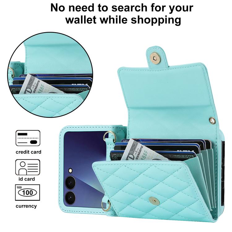 For Samsung Galaxy Z Flip7 5G Rhombic Texture Card Bag PU Phone Case with Long Lanyard