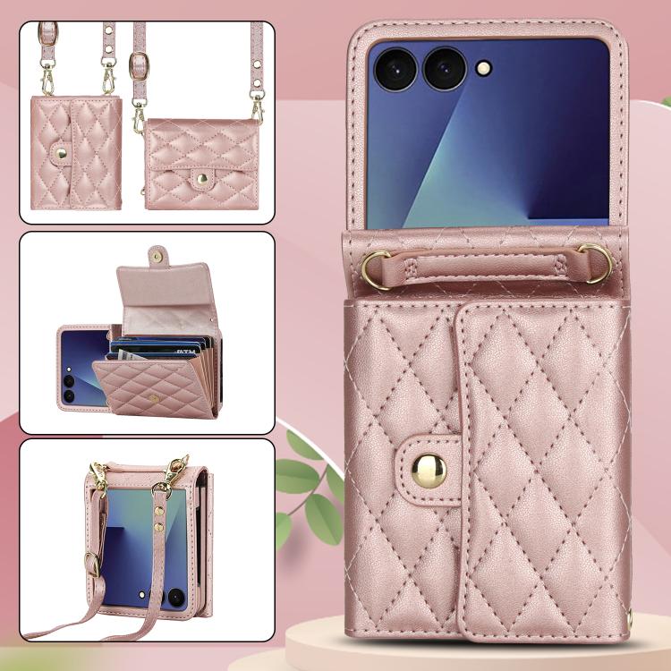 For Samsung Galaxy Z Flip7 5G Rhombic Texture Card Bag PU Phone Case with Long Lanyard