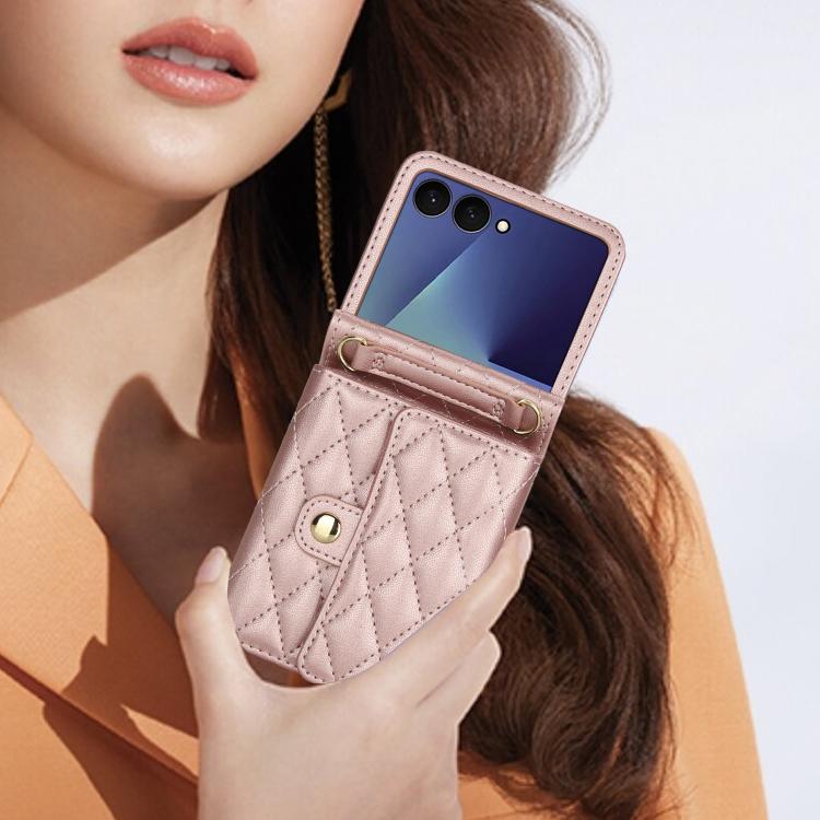 For Samsung Galaxy Z Flip7 5G Rhombic Texture Card Bag PU Phone Case with Long Lanyard