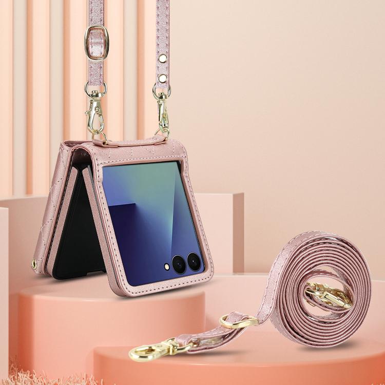 For Samsung Galaxy Z Flip7 5G Rhombic Texture Card Bag PU Phone Case with Long Lanyard