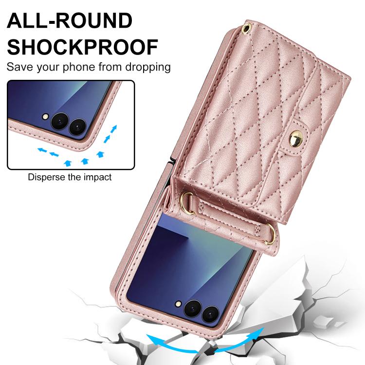 For Samsung Galaxy Z Flip7 5G Rhombic Texture Card Bag PU Phone Case with Long Lanyard