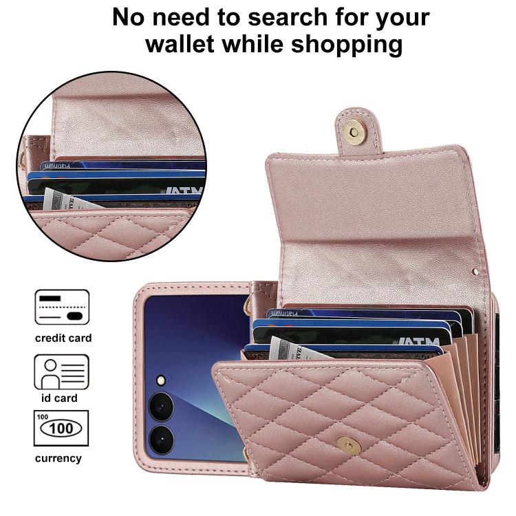 For Samsung Galaxy Z Flip7 5G Rhombic Texture Card Bag PU Phone Case with Long Lanyard