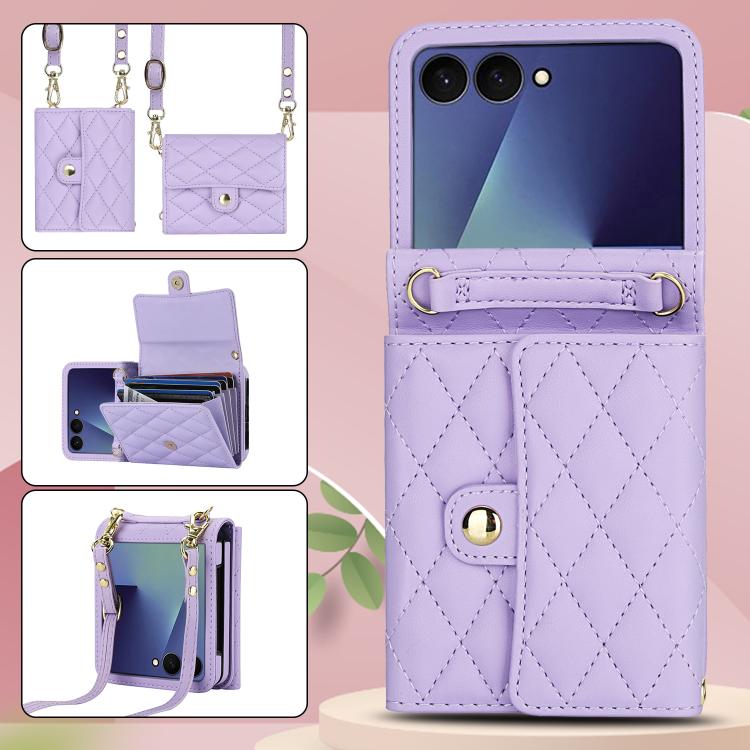 For Samsung Galaxy Z Flip7 5G Rhombic Texture Card Bag PU Phone Case with Long Lanyard