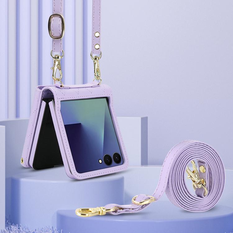 For Samsung Galaxy Z Flip7 5G Rhombic Texture Card Bag PU Phone Case with Long Lanyard