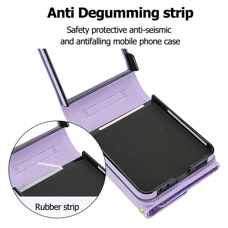 For Samsung Galaxy Z Flip7 5G Rhombic Texture Card Bag PU Phone Case with Long Lanyard