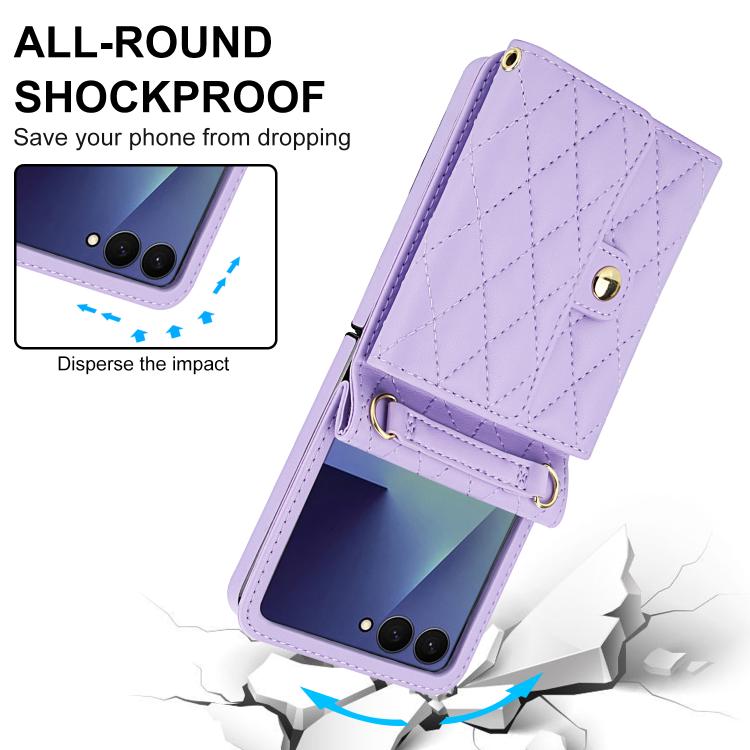 For Samsung Galaxy Z Flip7 5G Rhombic Texture Card Bag PU Phone Case with Long Lanyard