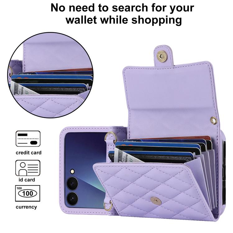 For Samsung Galaxy Z Flip7 5G Rhombic Texture Card Bag PU Phone Case with Long Lanyard