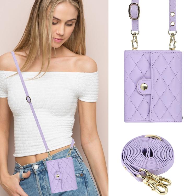 For Samsung Galaxy Z Flip7 5G Rhombic Texture Card Bag PU Phone Case with Long Lanyard