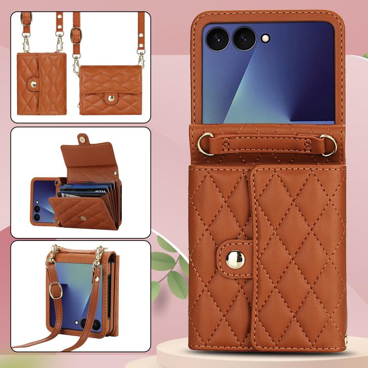 For Samsung Galaxy Z Flip7 5G Rhombic Texture Card Bag PU Phone Case with Long Lanyard