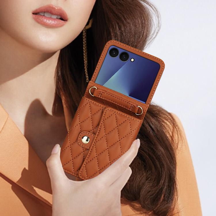 For Samsung Galaxy Z Flip7 5G Rhombic Texture Card Bag PU Phone Case with Long Lanyard