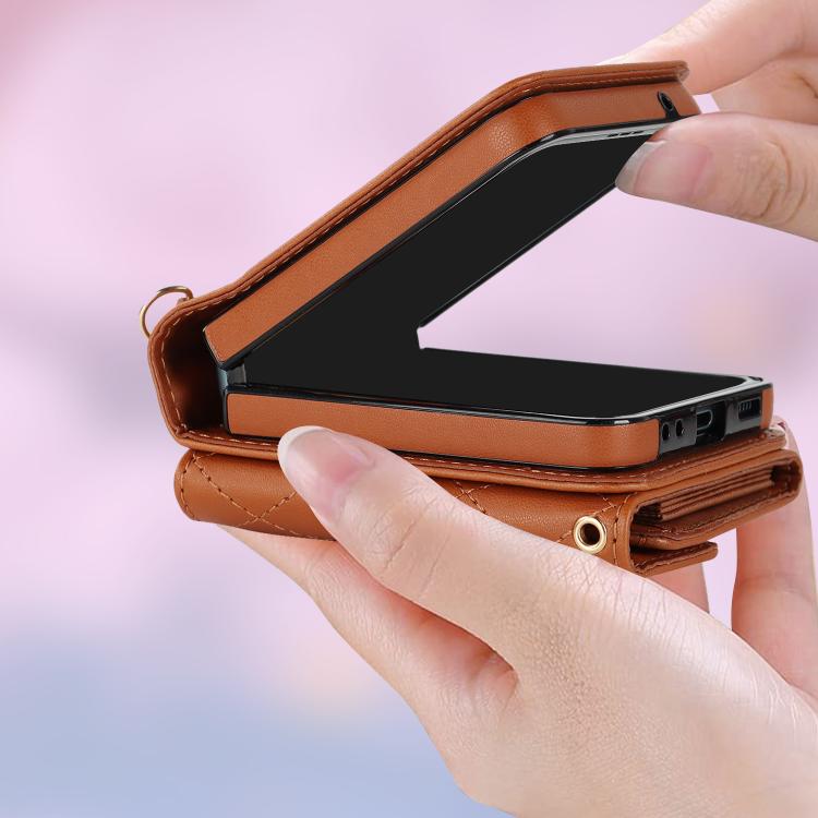 For Samsung Galaxy Z Flip7 5G Rhombic Texture Card Bag PU Phone Case with Long Lanyard
