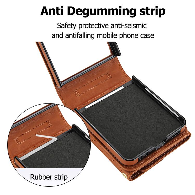 For Samsung Galaxy Z Flip7 5G Rhombic Texture Card Bag PU Phone Case with Long Lanyard