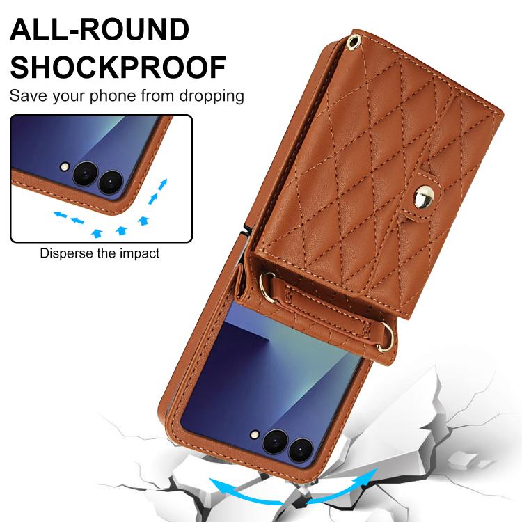 For Samsung Galaxy Z Flip7 5G Rhombic Texture Card Bag PU Phone Case with Long Lanyard