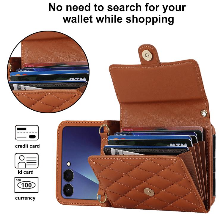 For Samsung Galaxy Z Flip7 5G Rhombic Texture Card Bag PU Phone Case with Long Lanyard