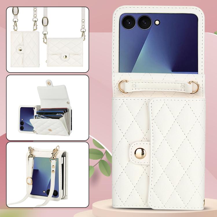 For Samsung Galaxy Z Flip7 5G Rhombic Texture Card Bag PU Phone Case with Long Lanyard
