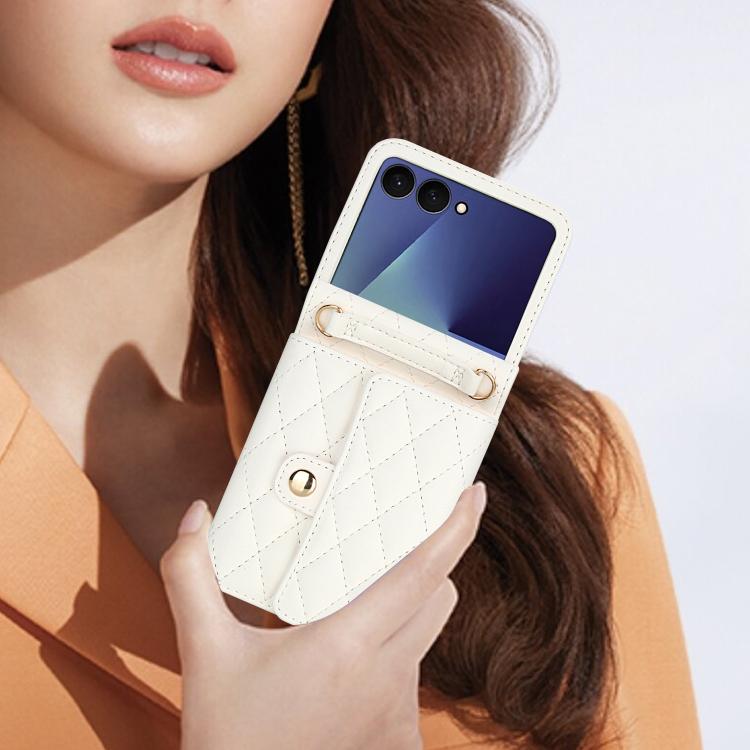 For Samsung Galaxy Z Flip7 5G Rhombic Texture Card Bag PU Phone Case with Long Lanyard