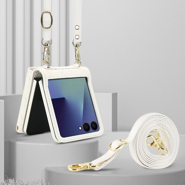 For Samsung Galaxy Z Flip7 5G Rhombic Texture Card Bag PU Phone Case with Long Lanyard