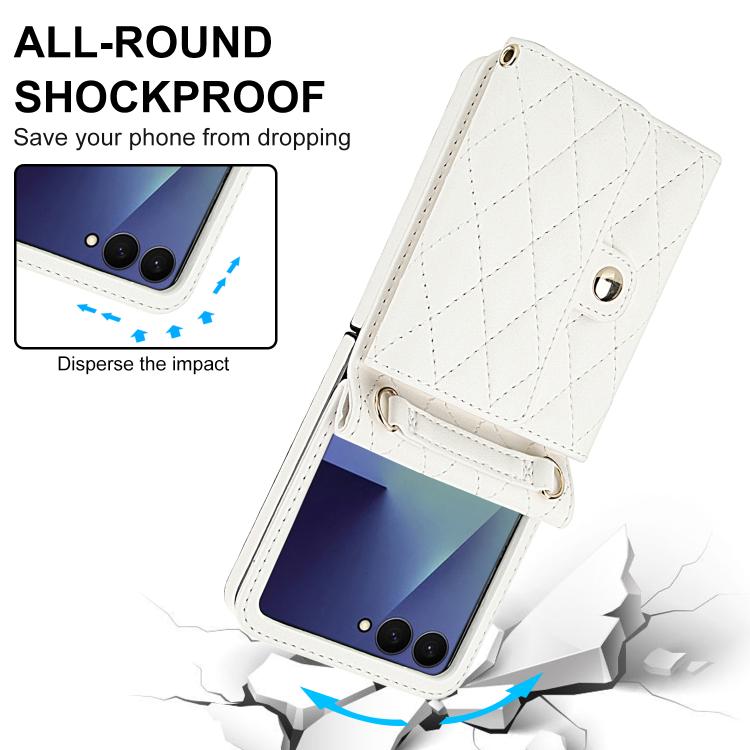 For Samsung Galaxy Z Flip7 5G Rhombic Texture Card Bag PU Phone Case with Long Lanyard