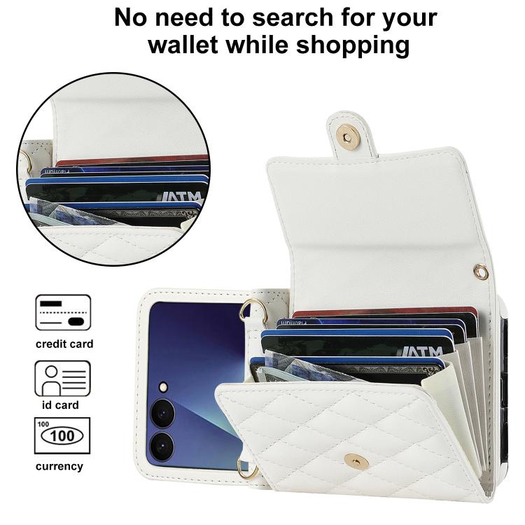 For Samsung Galaxy Z Flip7 5G Rhombic Texture Card Bag PU Phone Case with Long Lanyard