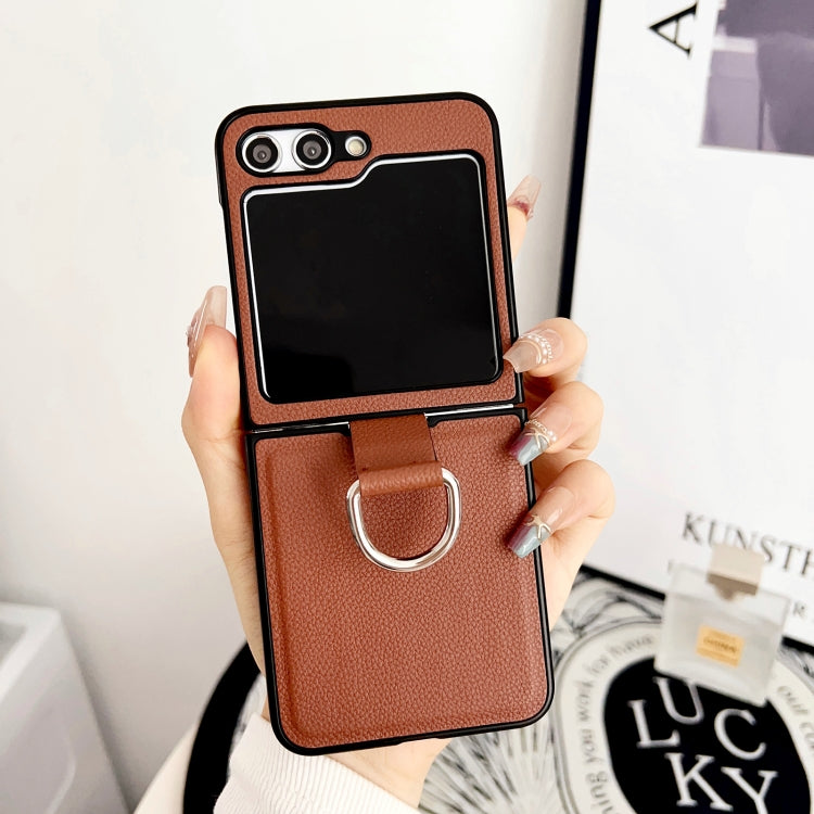 For Samsung Galaxy Z Flip5 Solid Color Litchi Leather Texture Protective Phone Case with Ring