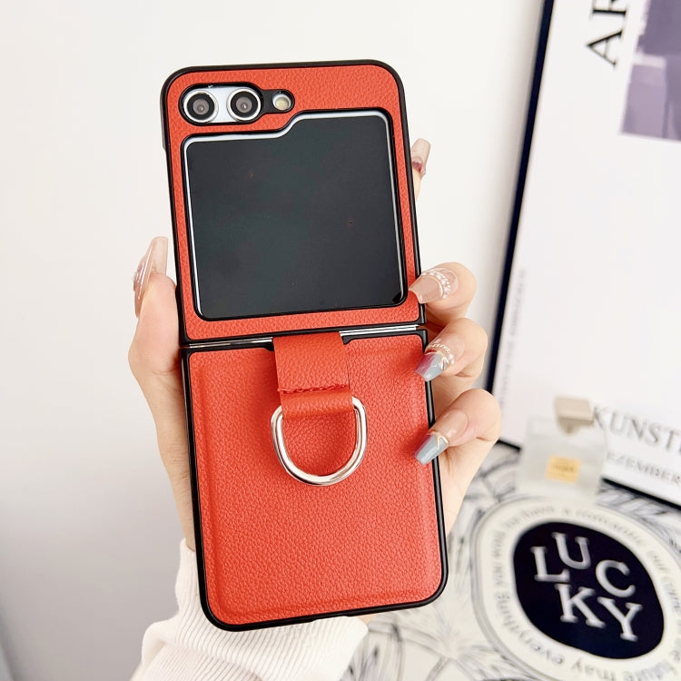 For Samsung Galaxy Z Flip5 Solid Color Litchi Leather Texture Protective Phone Case with Ring