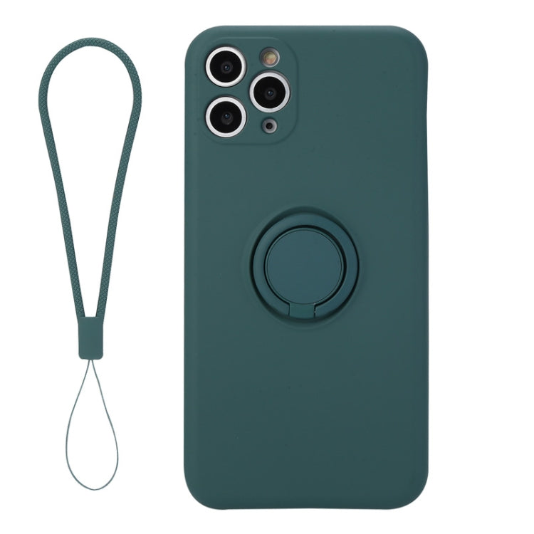 For iPhone 11 Solid Color Liquid Silicone Shockproof Full Coverage Protective Case with Ring Holder & Lanyard