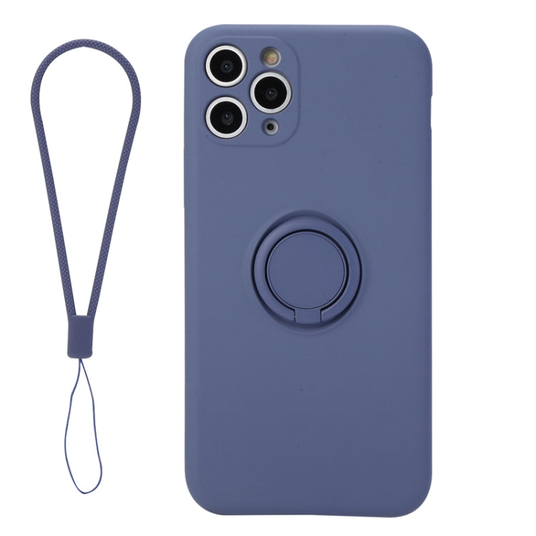 For iPhone 11 Pro Solid Color Liquid Silicone Shockproof Full Coverage Protective Case with Ring Holder & Lanyard