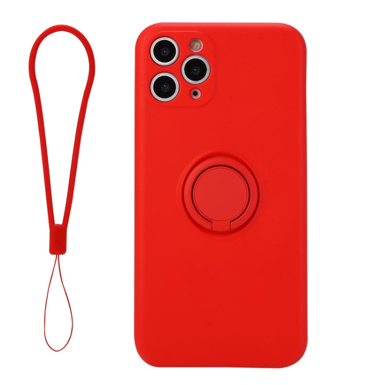 For iPhone 11 Pro Solid Color Liquid Silicone Shockproof Full Coverage Protective Case with Ring Holder & Lanyard