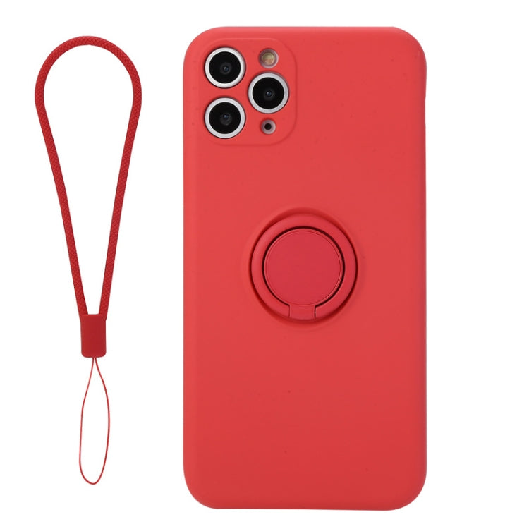 For iPhone 11 Pro Solid Color Liquid Silicone Shockproof Full Coverage Protective Case with Ring Holder & Lanyard