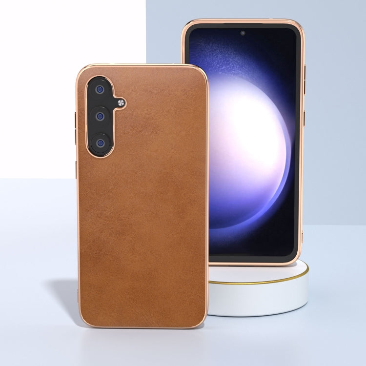 For Samsung Galaxy S23 FE 5G Nano Electroplating Dual Color Cowhide Texture Protective Phone Case