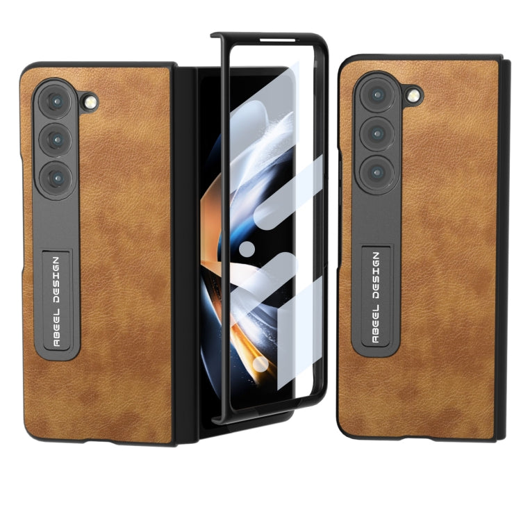 For Samsung Galaxy Z Fold5 Integrated Retro Litchi Texture PU Phone Case with Holder