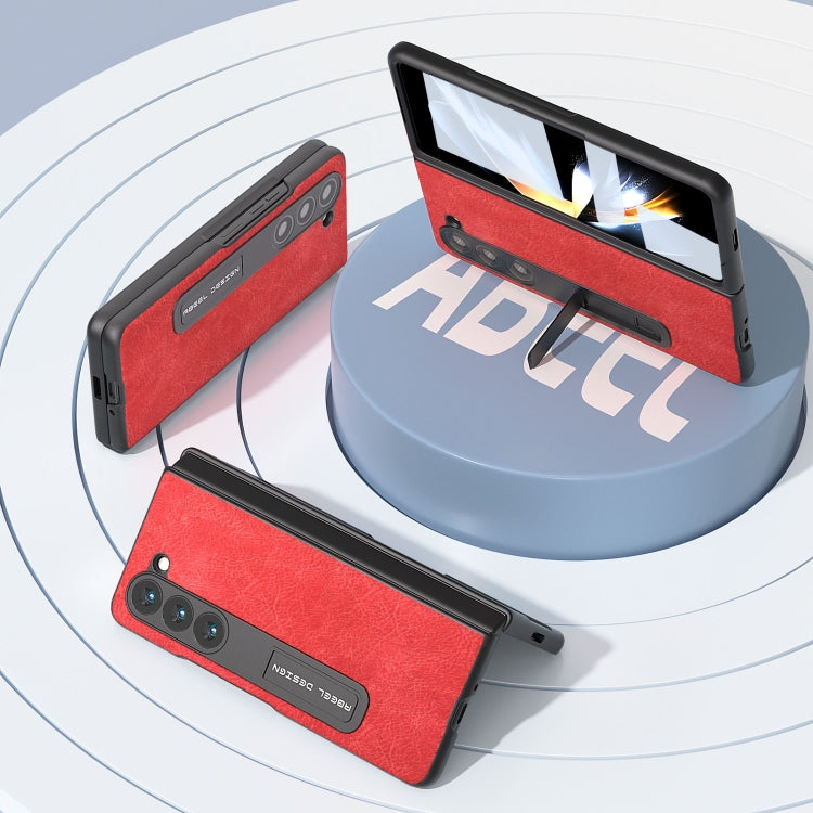 For Samsung Galaxy Z Fold5 Integrated Retro Litchi Texture PU Phone Case with Holder