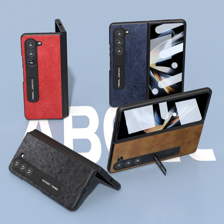 For Samsung Galaxy Z Fold5 Integrated Retro Litchi Texture PU Phone Case with Holder