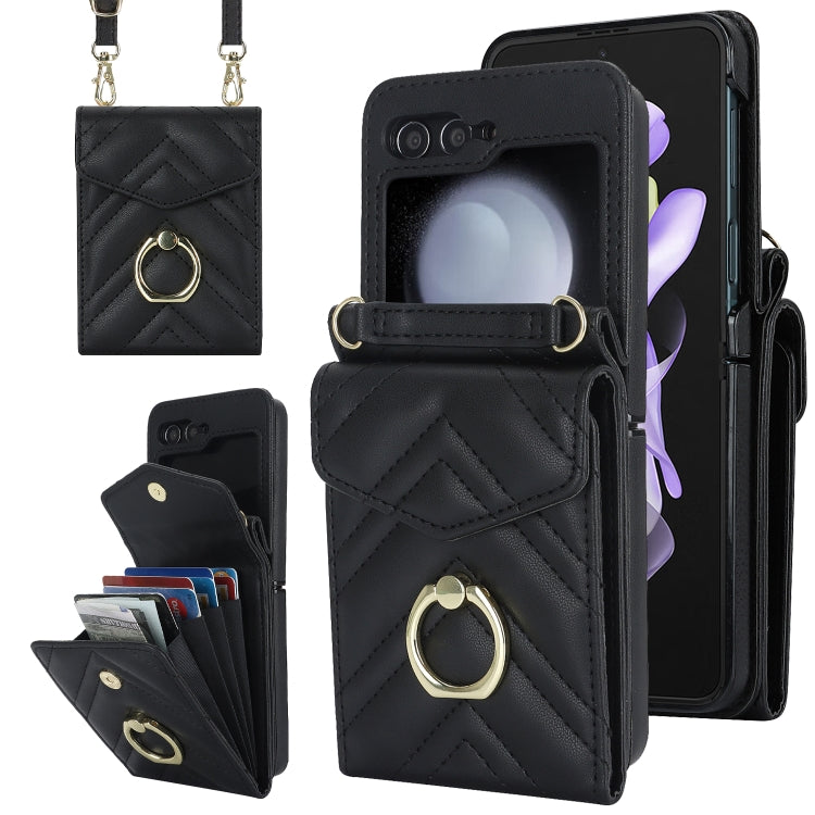 For Samsung Galaxy Z Flip5 V-shaped RFID Card Slot Phone Case with Ring Holder
