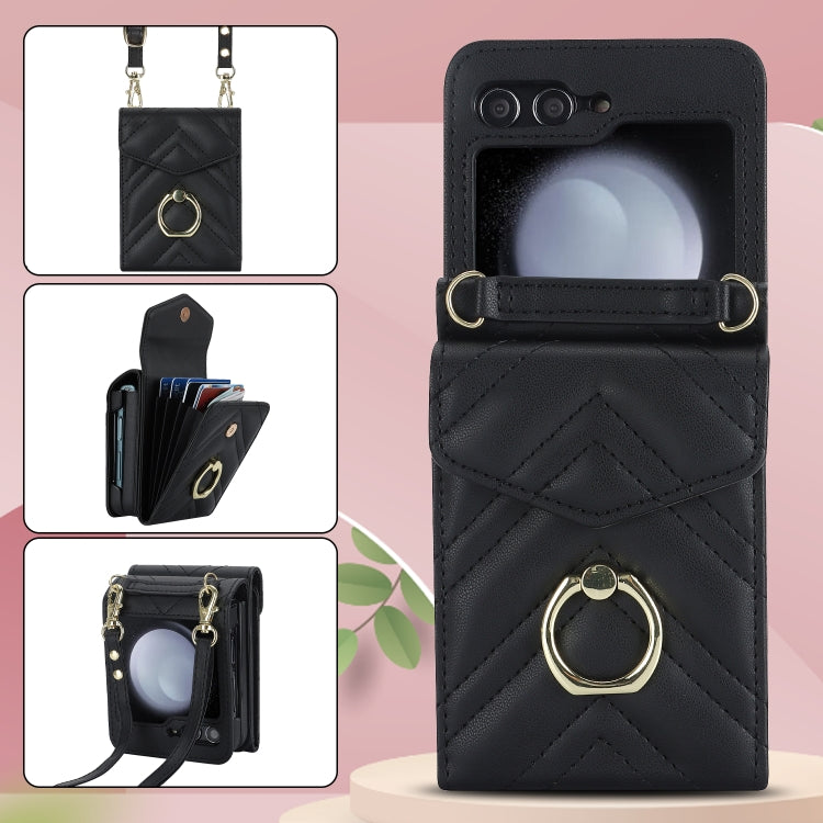 For Samsung Galaxy Z Flip5 V-shaped RFID Card Slot Phone Case with Ring Holder