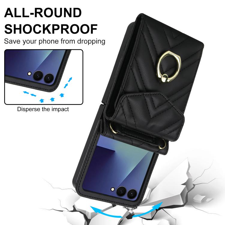 For Samsung Galaxy Z Flip7 5G V-shaped RFID Card Slot Phone Case with Ring Holder