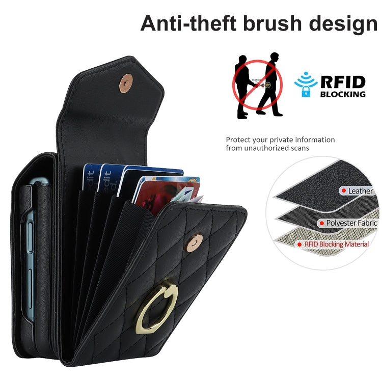 For Samsung Galaxy Z Flip6 / Flip7 FE Diamond Lattice RFID Card Slot Phone Case with Ring Holder