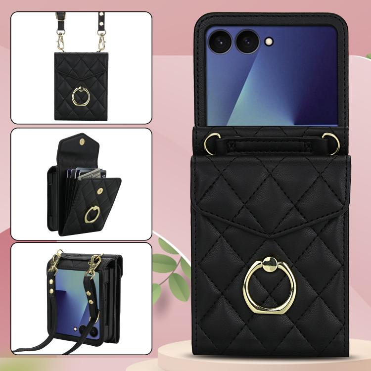 For Samsung Galaxy Z Flip7 5G Diamond Lattice RFID Card Slot Phone Case with Ring Holder