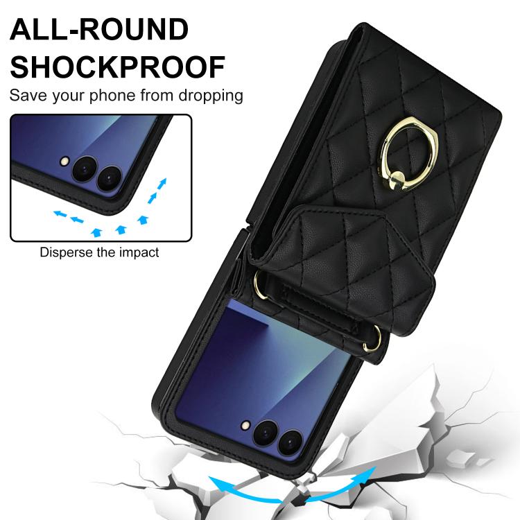 For Samsung Galaxy Z Flip7 5G Diamond Lattice RFID Card Slot Phone Case with Ring Holder