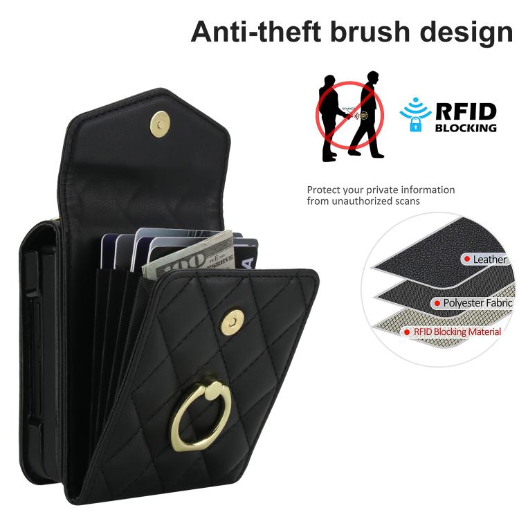 For Samsung Galaxy Z Flip7 5G Diamond Lattice RFID Card Slot Phone Case with Ring Holder