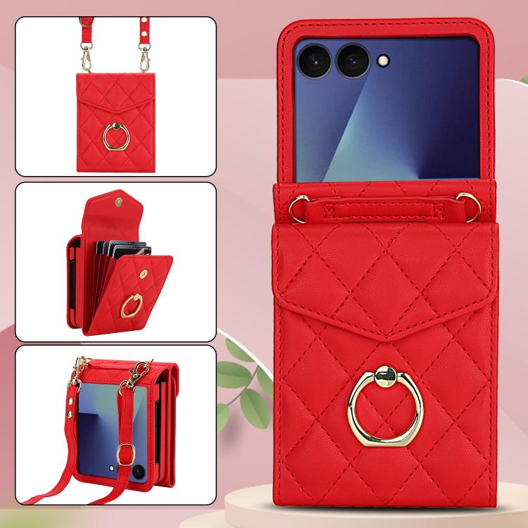 For Samsung Galaxy Z Flip7 5G Diamond Lattice RFID Card Slot Phone Case with Ring Holder